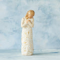 Willow Tree Tapestry, 5”h hand-painted standing resin figure, in cream dress, hands crossed at chest, entire figure carved with symbols of nature with gold-leaf, in front of blue painting