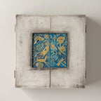 Willow Tree Starry Night Nativity, 8.5”h x 8”w x 2”d resin triptych with hinged doors, cream exterior with gold and blue details, doors open to 16”w with interior bas-relief Nativity scenes