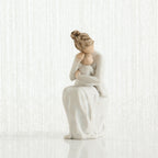Brunette woman figurine in white dress sitting hugging baby figurine - all white background