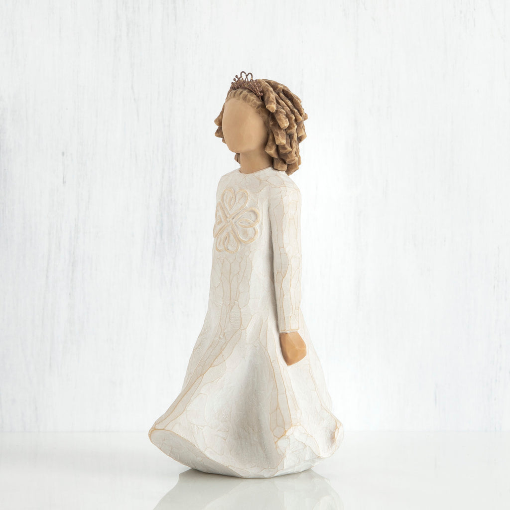 Side view of brunette woman wearing white dress standing up