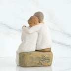 Back view of brunette man and woman in white sitting on grey rock with arms around one another