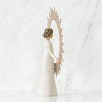 Brunette woman figurine wearing white dress facing away from the camera holding rose gold sun figurine up