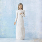 Willow Tree With sympathy, 9”h hand-painted standing resin figure in cream dress, holding white dove on hand, in front of pale blue painting