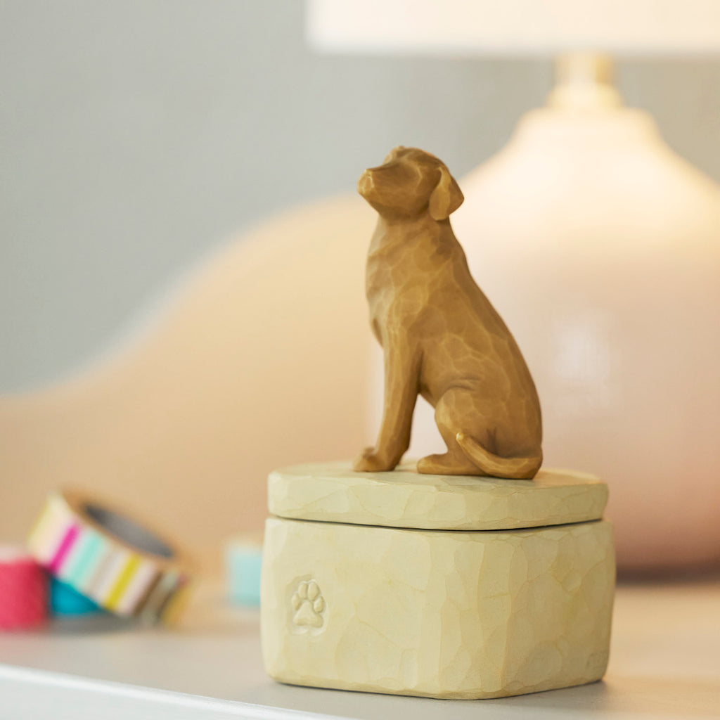 Willow Tree Love my Dog (golden) Keepsake Box, 3"w x 3.25”d hand-painted resin box with 3.4”H carved figure of golden dog affixed to lid, on bedside table